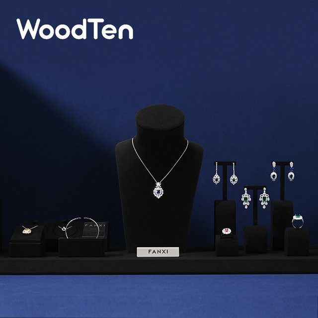 WoodTen High-End-Schmuckständer aus blauer Mikrofaser für Ringe, Armbänder, Ohrringe und Halsketten - Bild 1