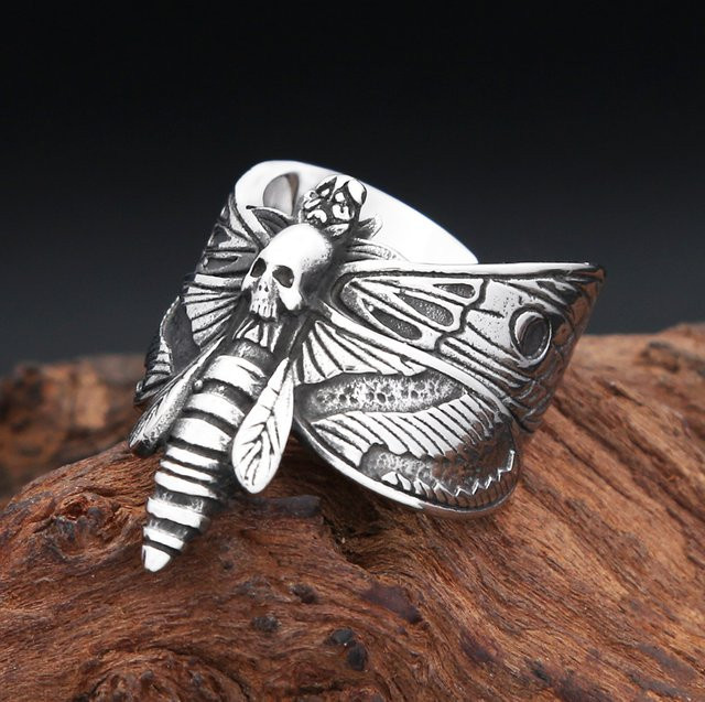 owlucky Ringe, Edelstahl, Vintage, Schädel Motte, Unisex, Silber - Bild 1