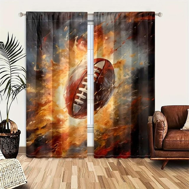2er-Set Sportvorhänge Yiran Furniture mit Basketball-Flammen-Design, halbtransparent, Mehrfarbig, Breite: 100 cm, Höhe: 130 cm - Bild 1