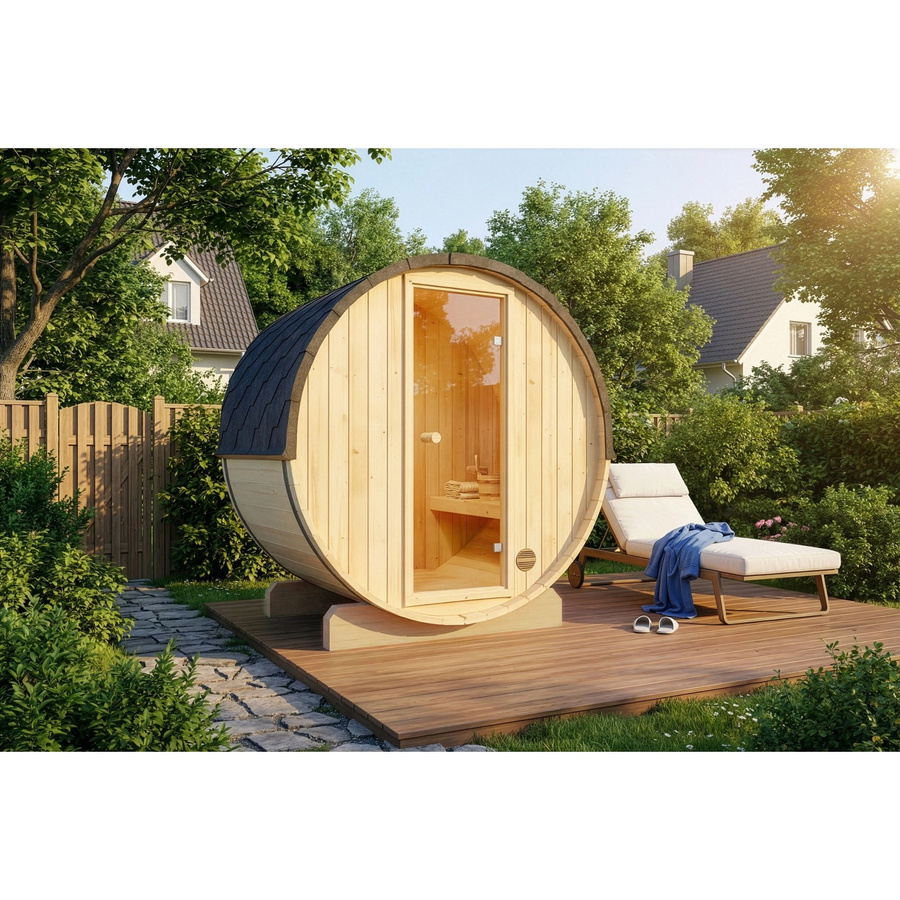 FinnTherm Fasssauna Mini XXS aus Holz in Schwarz oder Braun mit Fichte und Erle, B/T/H: 194 x 130 x 194 cm - Bild 2