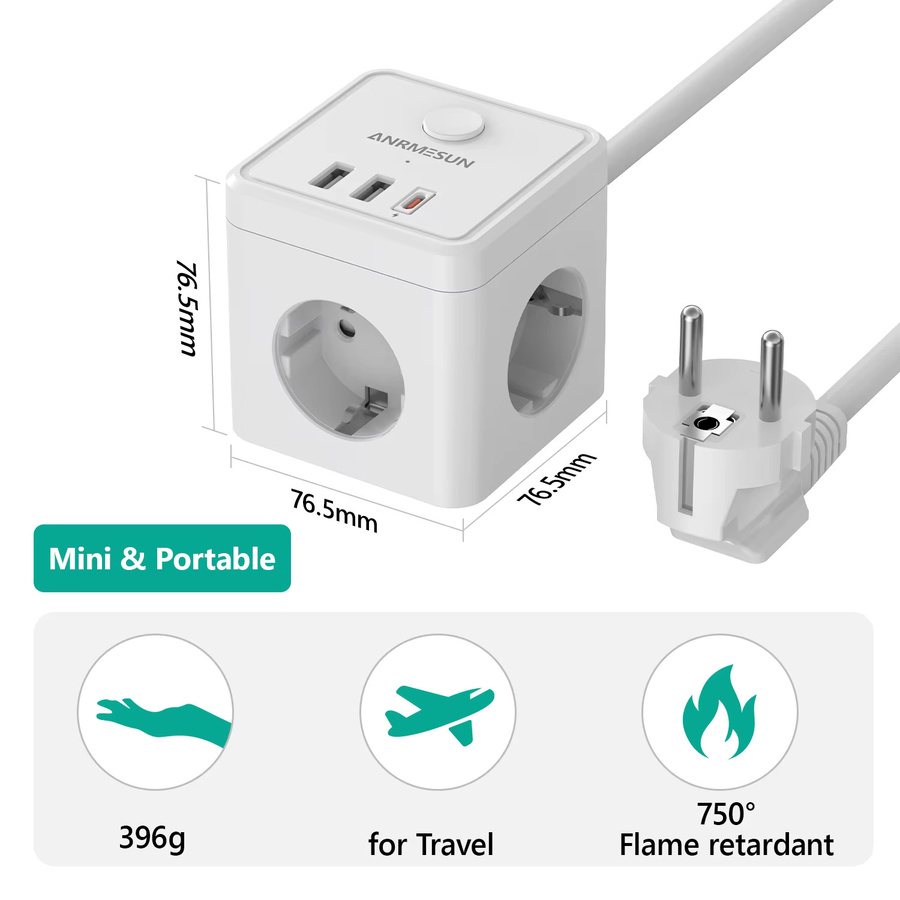 ANRMESUN 6-in-1 EU-Steckdosenleiste in Weiß mit PD20W Schnellladung, Überspannungsschutz und 2m Verlängerungskabel, inklusive 3 AC-Steckdosen, 2 USB-A und 1 USB-C Anschluss - Bild 2
