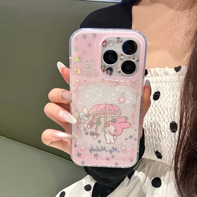 Sanrio Cartoon Regenschirm-Handyhülle mit Melodie und Lanyard für iPhone 17 14 15 16 Pro Max in Pink, stoßfeste Handyhülle - Bild 1