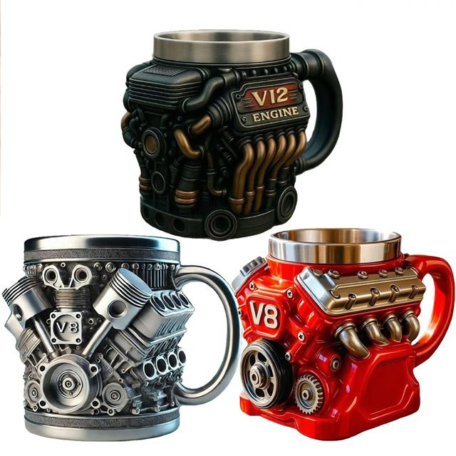 KITPIPI Vintage Motor Kaffeetasse aus Edelstahl in Schwarz, isolierter Doppelwand-Wasserbecher, 200 ml - Bild 1