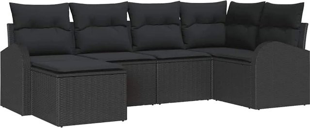 vidaXL Garten-Sofa-Set aus Polyrattan in Schwarz, 6-teilige L-Shape Lounge-Garnitur mit Polstern und Kissen für Garten und Terrasse - Bild 1
