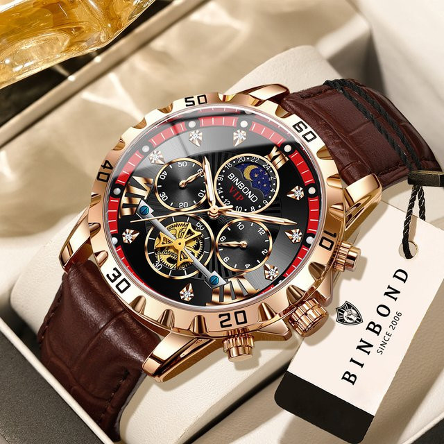 BINBOND Chronograph Armbanduhr, Quarz, Leder, Schwarz, Gold, Herren - Bild 1