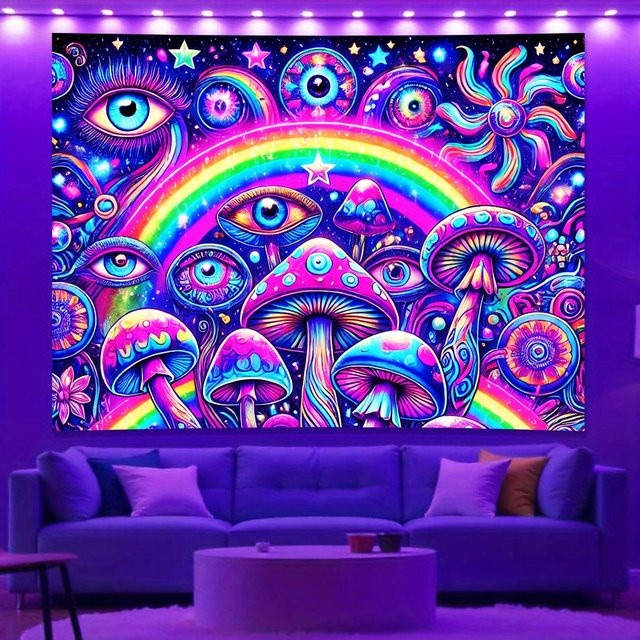 VIKAMA Halloween Wandteppich Regenbogen-Königin mit bunten Pilzen und Auge, psychedelisches Boho-Dekor, Mehrfarbig, B/H: 60 x 40 cm - Bild 1