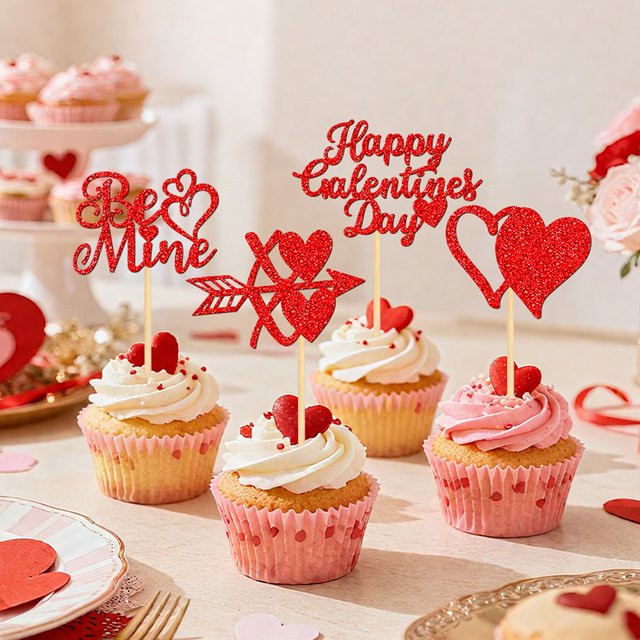 YOMDID 24 Stück Happy Galentine's Day Kuchendeckel in Rot mit glitzernden Doppelherz-Cupcake-Picks für Hochzeiten und Partys - Bild 1