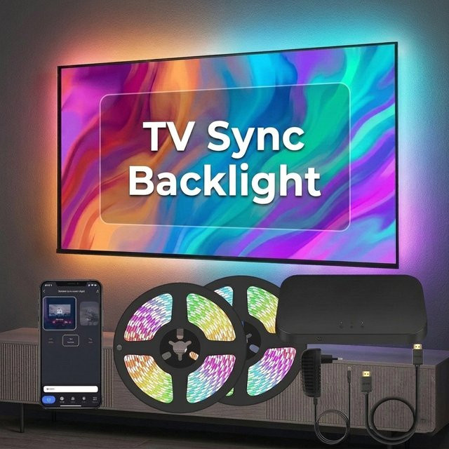 FOXONEER Intelligente TV LED Hintergrundbeleuchtung mit HDMI Sync Box, Tuya Wifi LED Streifen Set in Multicolor, kompatibel mit Amazon Alexa und Google Assistant, Schwarz - Bild 1