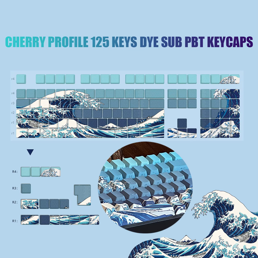 FSWHBY 125 Tastenkappen im Kanagawa-Design mit Cherry MX Kompatibilität, PBT Dye-Sub Tastenkappen im Cherry Profil für RGB-Hintergrundbeleuchtung - Bild 4