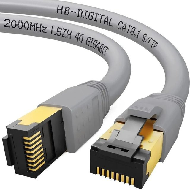 hb-digital Patchkabel CAT 8.1 LAN Kabel RJ45 S/FTP PimF LSZH Grau, Länge: 0,25 m - Bild 1