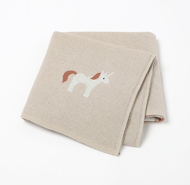 Mimixiong Baby Decke aus Baumwolle mit Einhorn-Motiv, gestrickt, Beige, B/H: 100 x 80 cm - Bild 1