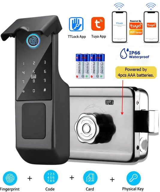 Tuya Smart Lock für den Außenbereich mit Fingerabdruck und TTlock App, wasserdichtes biometrisches digitales Türschloss in Schwarz - Bild 1