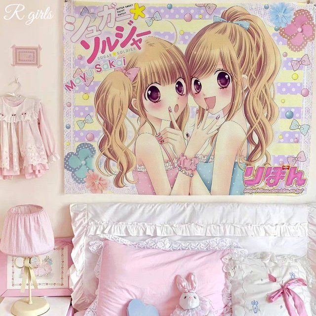VIKAMA Kawaii Sugar Soldier Anime Mädchen Wandteppich mit pastellfarbenem gestreiftem Hintergrund, Mehrfarbig - Bild 1