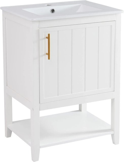 PXloue Badmöbel Einzelwaschtisch mit Keramikwaschbecken und Waschtischunterschrank, Weiß, Breite: 60 cm - Bild 1