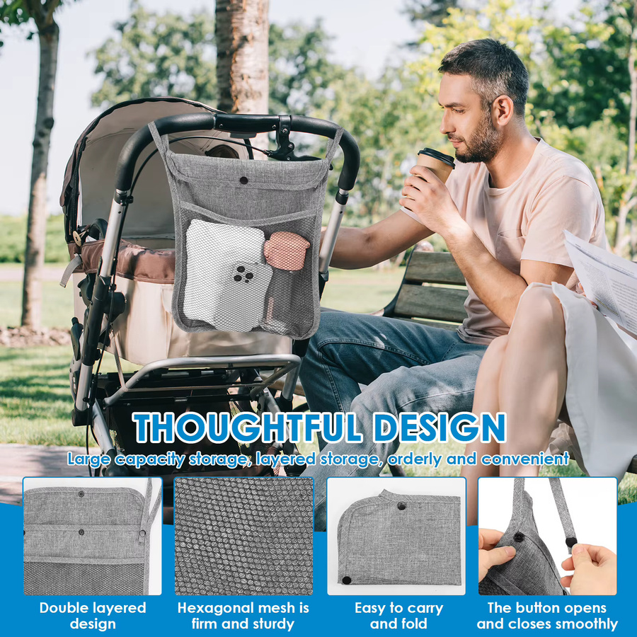 Willstar Baby Kinderwagen Organizer in Grau mit Doppel-Taschen und Mesh-Fächern - Bild 4
