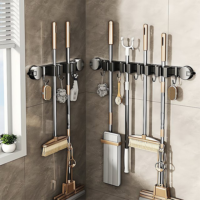 YUNJIEYA Wandmontierter Besenhalter aus Aluminium in Silber und Grau für Badezimmer, Küche, Garage und Gartenwerkzeuge - Bild 1