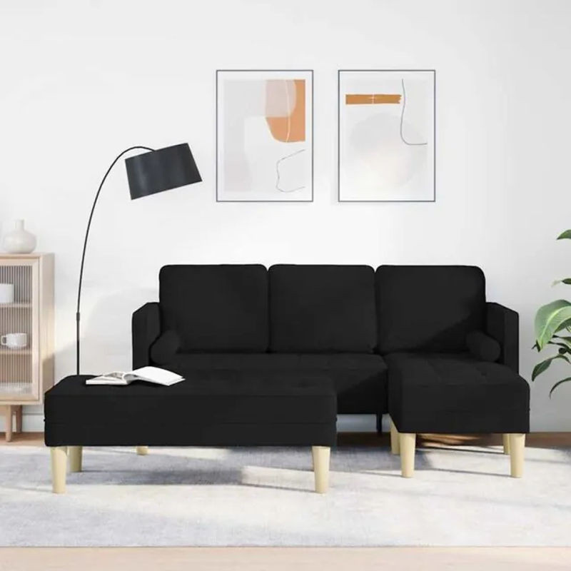 Vidaxl 2-teiliges Ecksofa Set aus schwarzem Stoff im Modern Industrial Design mit Kissen - Bild 1