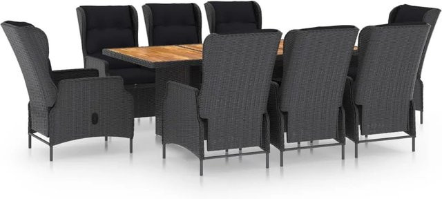 vidaXL 9-tlg Garten-Essgruppe aus Poly Rattan und Akazienholz in Dunkelgrau mit Auflagen - Bild 1