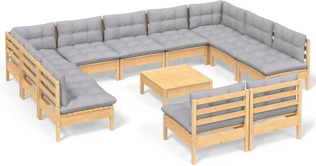 vidaXL 12-tlg. Garten-Lounge-Set aus massivem Kiefernholz in U-Form mit grauen Polstern - Bild 1