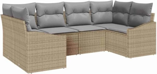 vidaXL Gartensofa-Set aus Poly-Rattan und Akazienholz in Beige und Grau, 6-teilig mit Polsterung - Bild 1