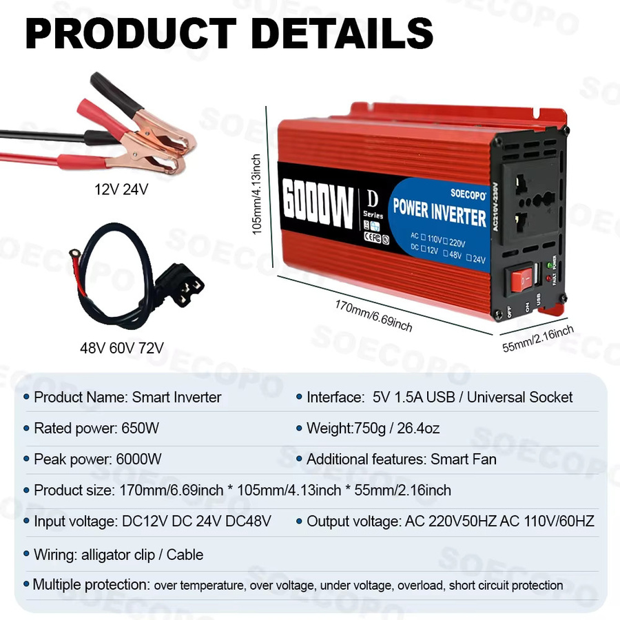 Soecopo Ultra 6000 W Smart Inverter Universal Wechselrichter in Rot, 12 V/24 V/48 V Eingang für 110 V/220 V Ausgang, tragbar für Wohnmobile und LKWs - Bild 3