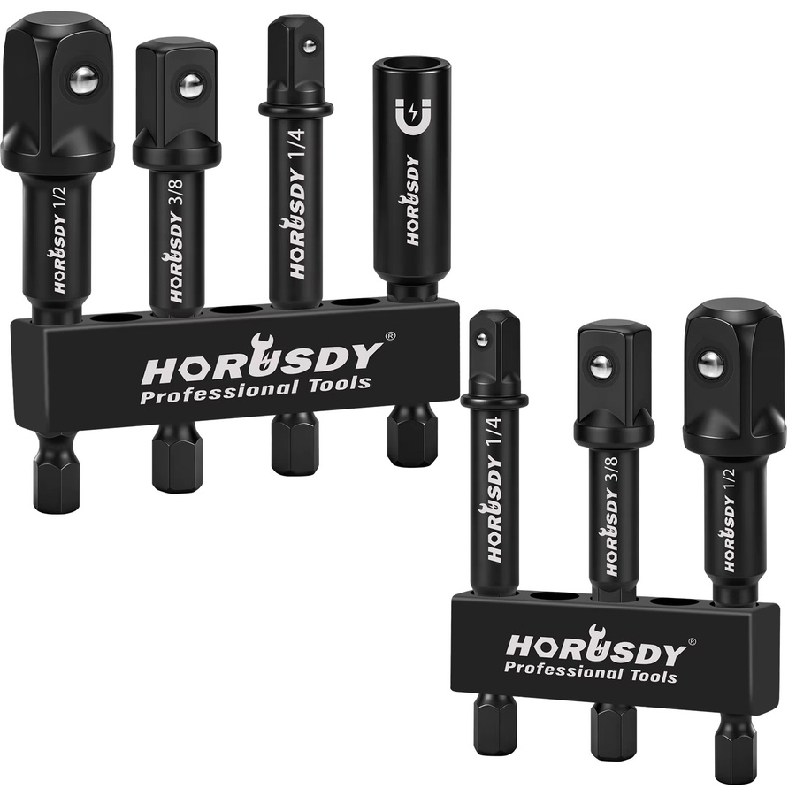 HORUSDY 7-teiliges Steckschlüsseladapter-Set aus Cr-V in Schwarz mit magnetischem Bithalter für Bohrmaschinen, 1/4 Zoll, 3/8 Zoll und 1/2 Zoll Antrieb - Bild 5