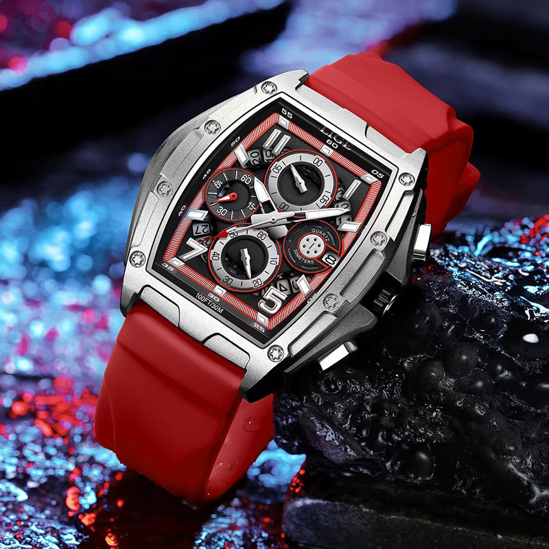 LIGE Armbanduhr Quarz, eckig, Silikonband, Schwarz, Orange, Herren - Bild 3