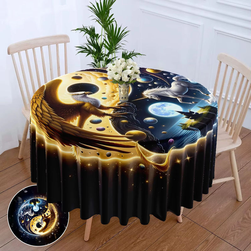 Runde wasserabweisende Tischdecke mit Tai Chi Yin Yang Sonne Mond Drachen und Einhorn Muster in Mehrfarbig - Bild 4