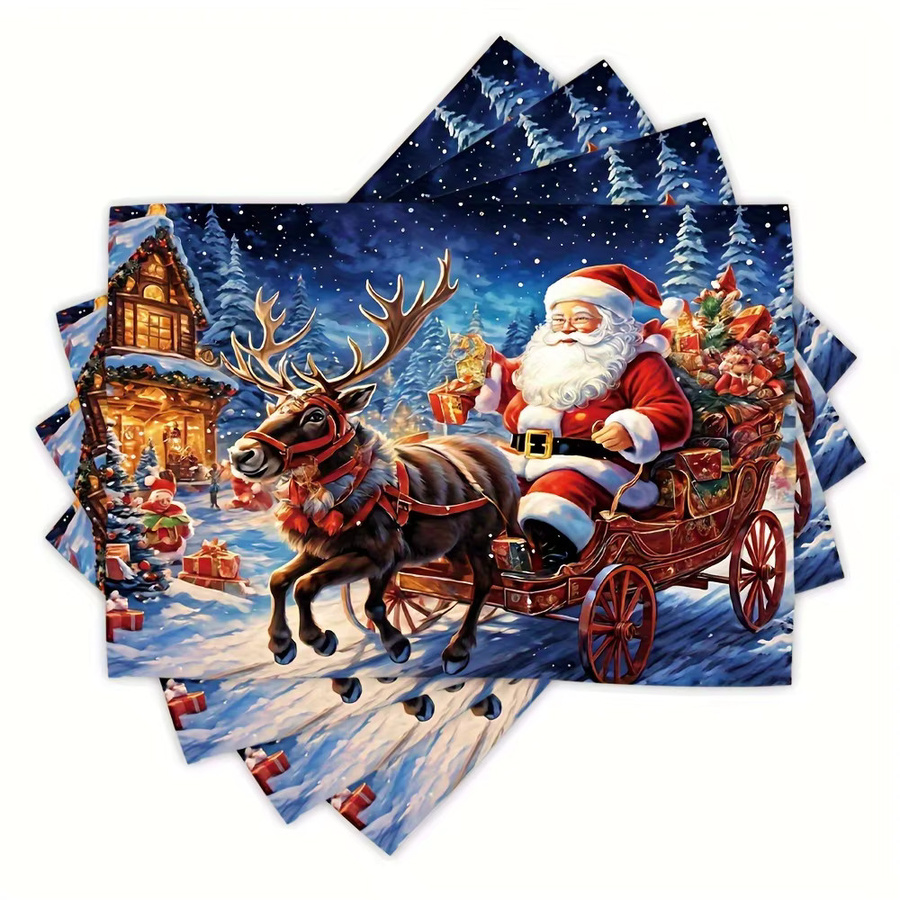 VIKAMA 4-teiliges Weihnachtsmann-Schlitten-Tischset mit verschneitem Stadt-Aufdruck zur Weihnachtsdekoration für dein Familienessen - Bild 2