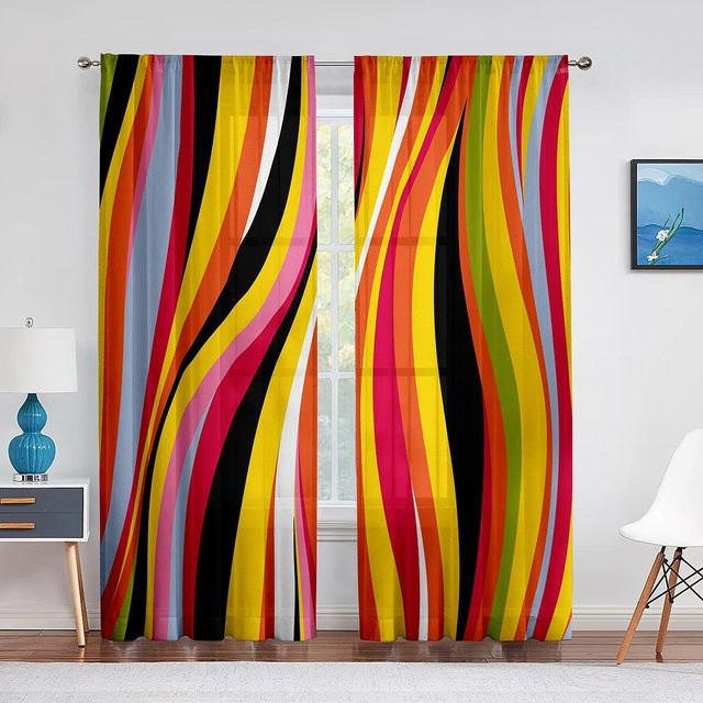 Binchi Outdoor Equipment Transparent Voile Vorhang mit abstraktem geometrischem Wellen-Design, B/H: 100 x 250 cm, Mehrfarbig - Bild 1