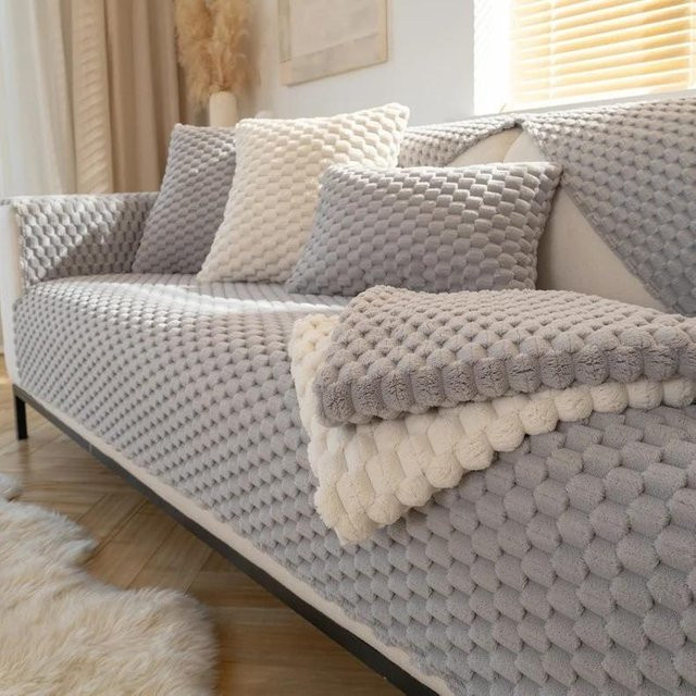 Nordischer Plüsch-Sofabezug in Grau, rutschfeste Couchmatte für Ecksofas und L-Form, B/T: 70 x 70 cm - Bild 1