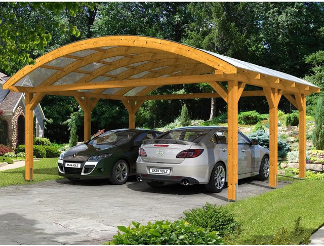 Skan Holz Carport Franken Bogendach mit Doppelstegplatten aus Polycarbonat, Eiche hell lasiert, B/T: 635 x 541 cm, Höhe: 325 cm - Bild 1