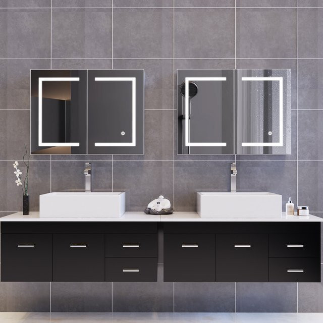 Rosahqnda Badspiegelschrank in Weiß, moderner Wandspiegelschrank mit LED-Beleuchtung, Glaselementen und offenem Stauraum - Bild 1
