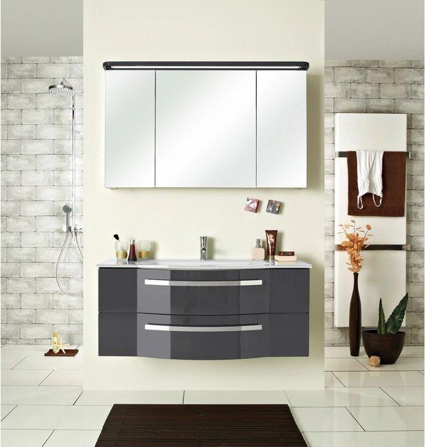 Pelipal Badmöbel-Set Serie 4005 3-tlg. in Steingrau Hochglanz mit Waschtischunterschrank, Glaswaschtisch und Spiegelschrank mit LED-Beleuchtung und Steckdose - Bild 1