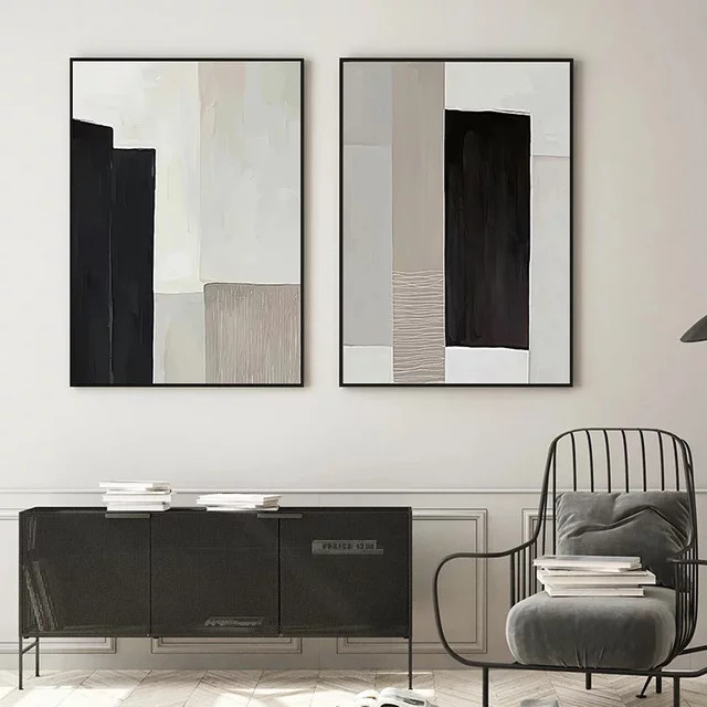 Abstrakte Leinwandmalerei Potdemiel in Blau, Schwarz und Beige als moderne Wandkunst für dein Wohnzimmer - Bild 1