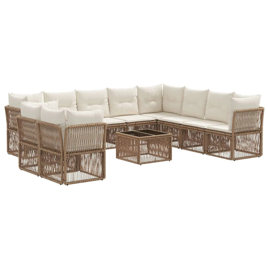 vidaXL Gartensofa-Set 11-tlg. in U-Form aus Poly-Rattan und pulverbeschichtetem Stahl, Beige mit Polstern und Kissen - Bild 2