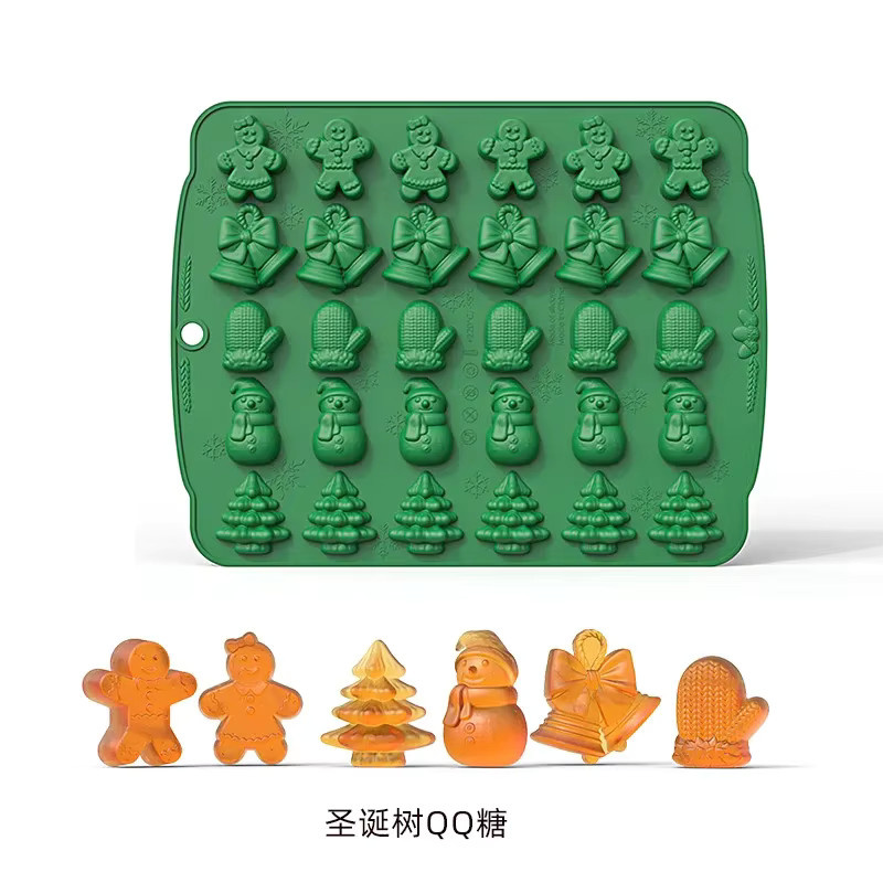 Silikon Backform für Schokolade und Gummy Candy mit Weihnachtsformen wie Lebkuchenmann, Baum und Schneemann, transparent und grün - Bild 2
