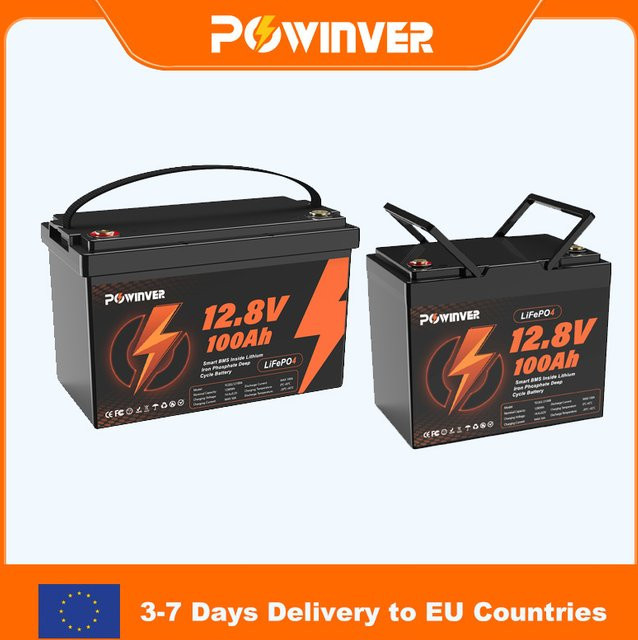 POWINVE LiFePO4 Batterie 12,8V 100Ah mit Smart BMS, 1280Wh Deep Cycle Lithium-Eisenphosphat-Akku in Schwarz für Solar, Wohnmobile und Boote - Bild 1