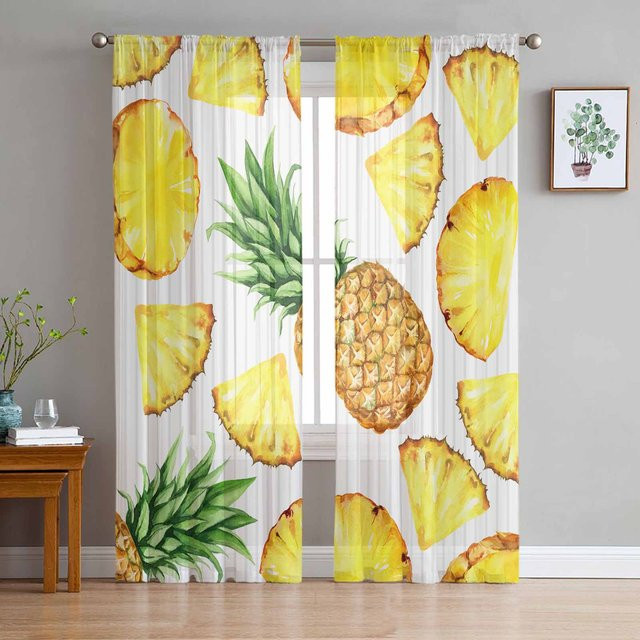 Super Six Aquarell Ananas Chiffon Fenstervorhang in Gelb, Transparent mit Blumenmuster, Breite: 135 cm, Höhe: 114 cm - Bild 1