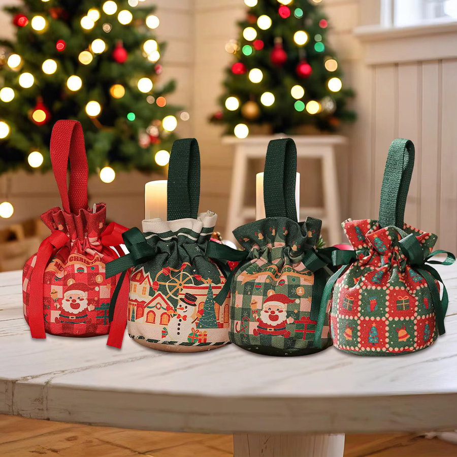 Weihnachten Süßigkeiten Tasche mit Kordelzug und Bogen aus Leinen in Grün für Party und Geschenke - Bild 2