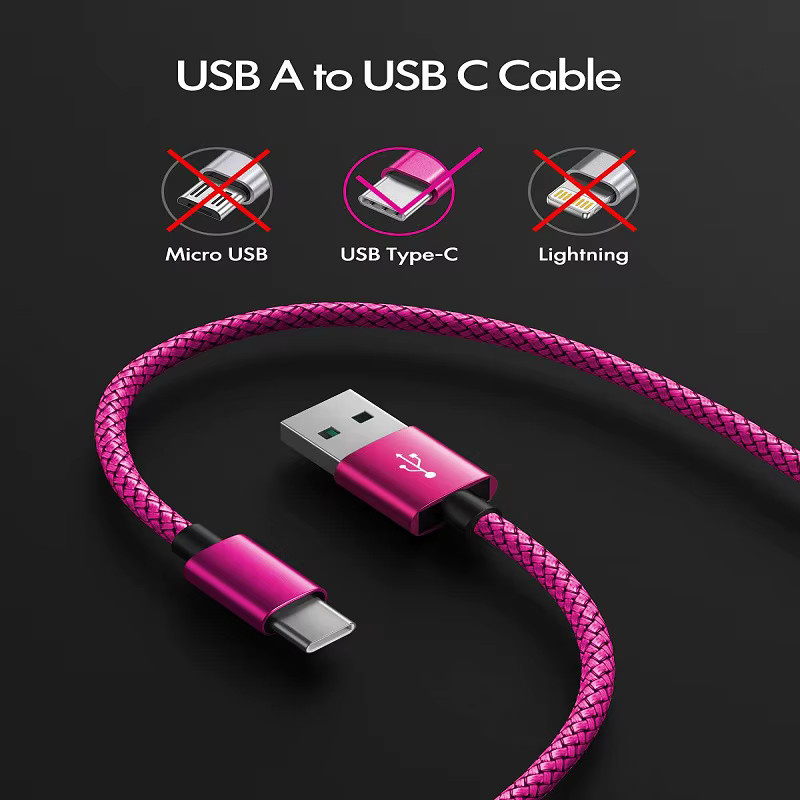 GeydrQ USB A zu Typ C Ladekabel aus Nylon als Schnellladegerät und Datenkabel für Android Smartphones in Pink und Purple - Bild 4