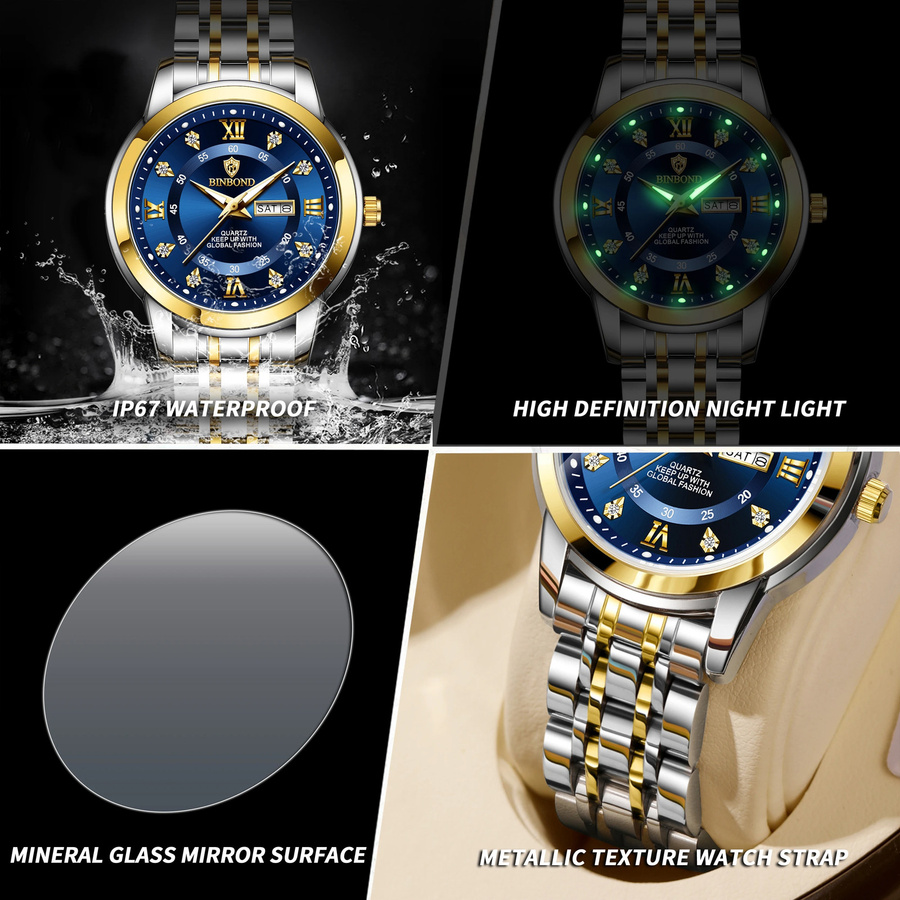 BINBOND Armbanduhr Quarz, Edelstahl, Blau, Damen, Wochentag, Datum - Bild 3