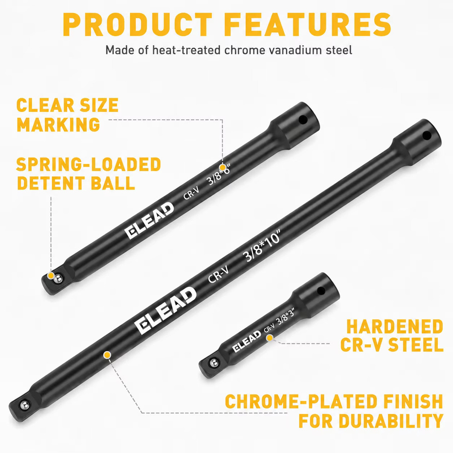 ELEAD 4-teiliges Steckschlüssel-Verlängerungsstangen-Set 3/8 Zoll aus Chrom-Vanadium-Stahl mit Universalgelenk für Autoreparaturen - Bild 3