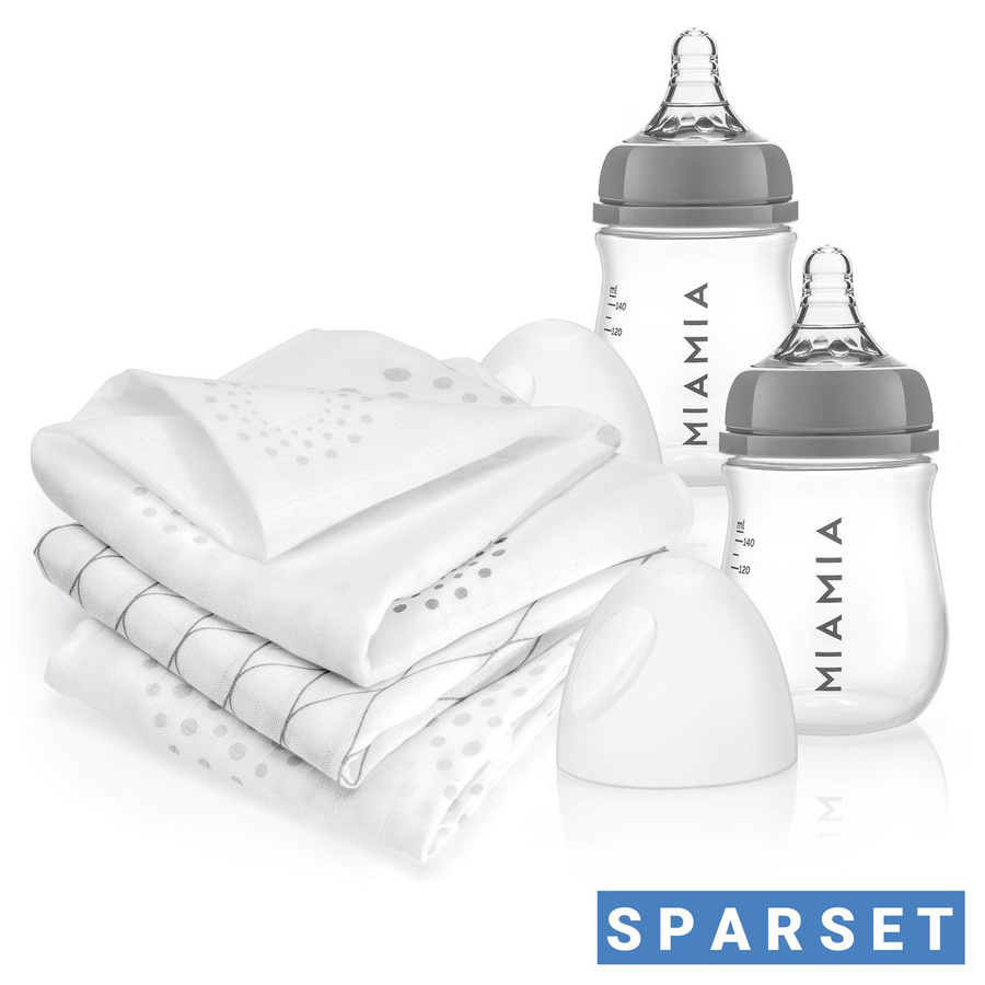MiaMia 5-tlg. Babyflaschen-Set aus Polypropylen in Grau mit Silikon-Trinksauger und 3 Spucktüchern, 140 ml, BPA-frei - Bild 1