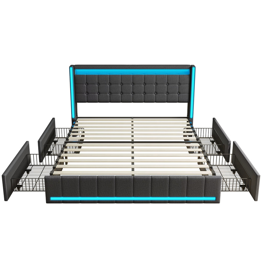 Rosahqnda Modernes Doppelbett mit Schubladen, LED-Beleuchtung und USB-Anschluss, Massivmetall und Leinen, Dunkelgrau, 160 x 200 cm - Bild 5