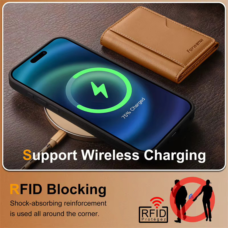 EUCAGR 2-in-1 Magnetische Kabellose Ladehülle aus PU-Leder für iPhone Modelle in Schwarz und Braun - Bild 4