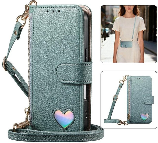 QINGLONG GOODS Handyhülle mit Reißverschluss und Kreditkartenetui für Samsung Galaxy A53 A54 A55 A56 A14 A15 A17 A16 sowie Galaxy S26 Plus mit Kordel in Blau - Bild 1