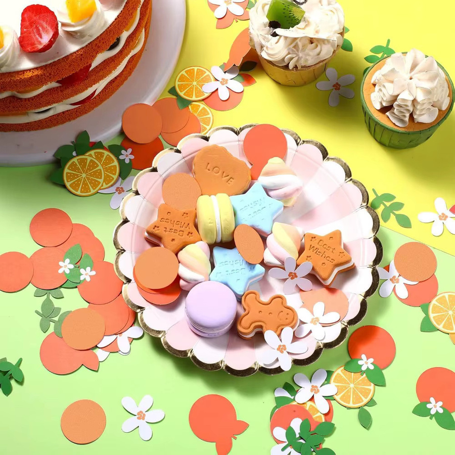 WakaParty Konfetti Set Orange mit Obst Blumen und Blättern 100 Stück für Baby Shower Geburtstag und Party Dekoration - Bild 3