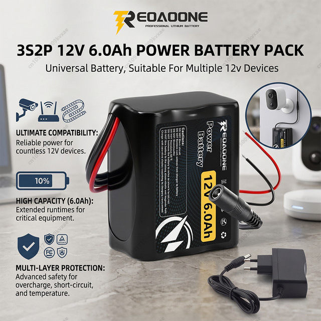 Reoaoone Lithium-Ionen-Akku-Pack 12V 6000mAh 6Ah 3S2P mit BMS in Schwarz für CCTV-Kamera, LED-Licht und RC-Auto - Bild 1