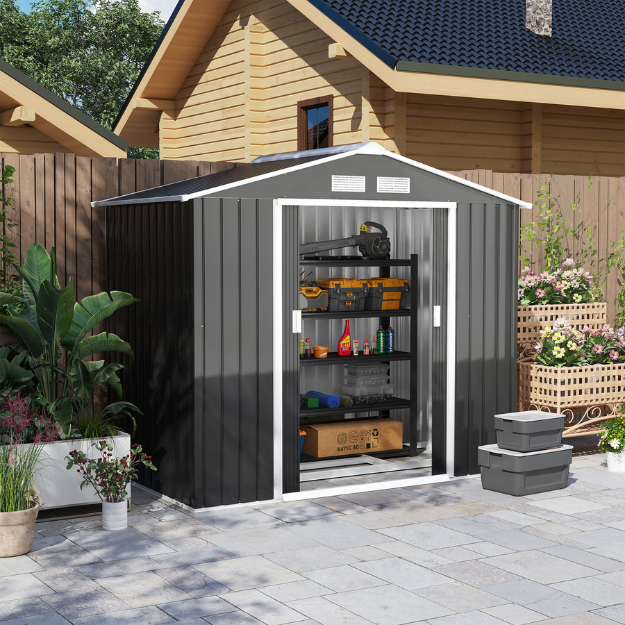 Outsunny Metall Gartenhaus Geräteschuppen aus verzinktem Stahl mit Schiebetüren und Bodenrahmen, Dunkelgrau, B: 213 cm, T: 130 cm, H: 173 cm - Bild 2